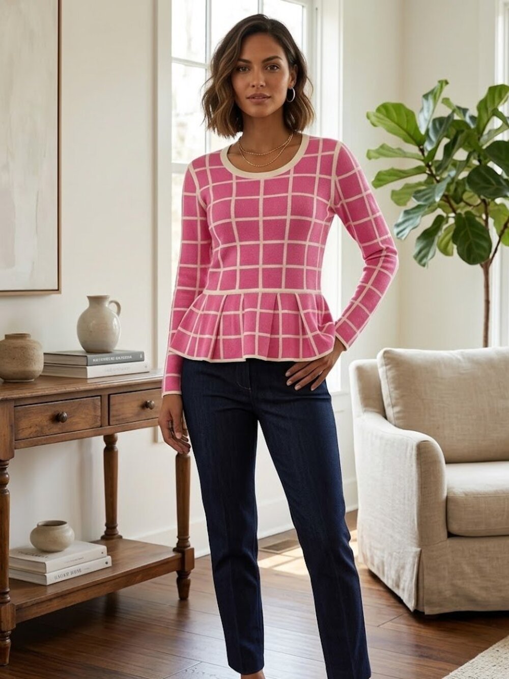 Banana Republic Blogger Fave Pink Windowpane Peplum Ruffle Sweater Size S P NWTS